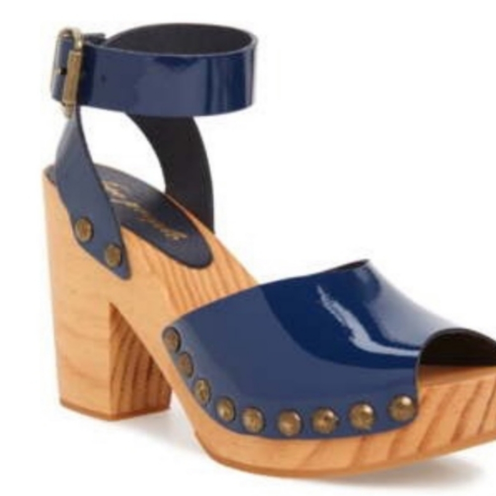 Navy Patent Leather Wood-Platform Clog Sandals with Ankle Strap - Picture 2 of 4